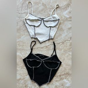 2 Pack Contrast Stitch Crop Cami Top. White and black